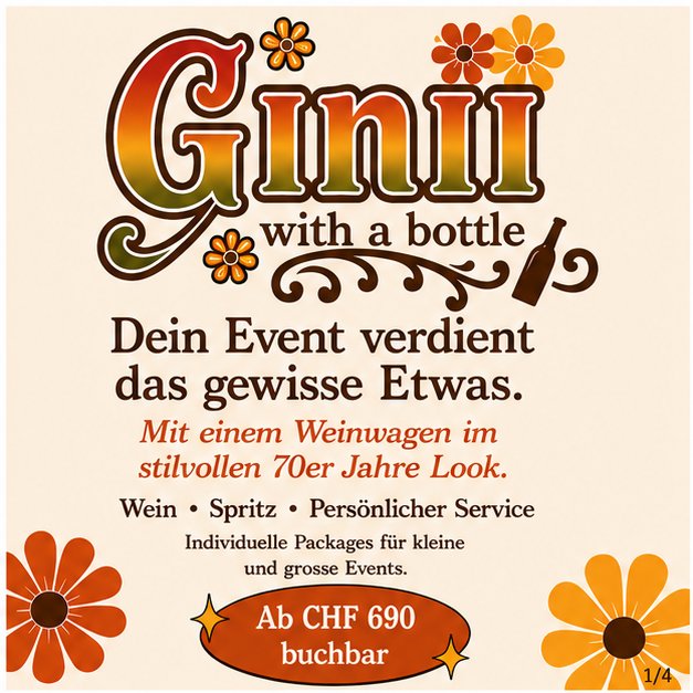 Ginii with a bottle – Dein Event verdient das gewisse Etwas. Mit einem Weinwagen im stilvollen 70er Jahre Look. Wein, Spritz, persönlicher Service. Ab CHF 690 buchbar.